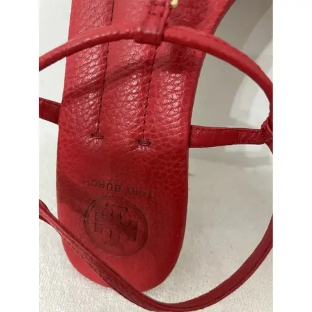 Tory Burch Designer Emmy Red Gold Sandals T Strap 8 - Picture 5 of 11